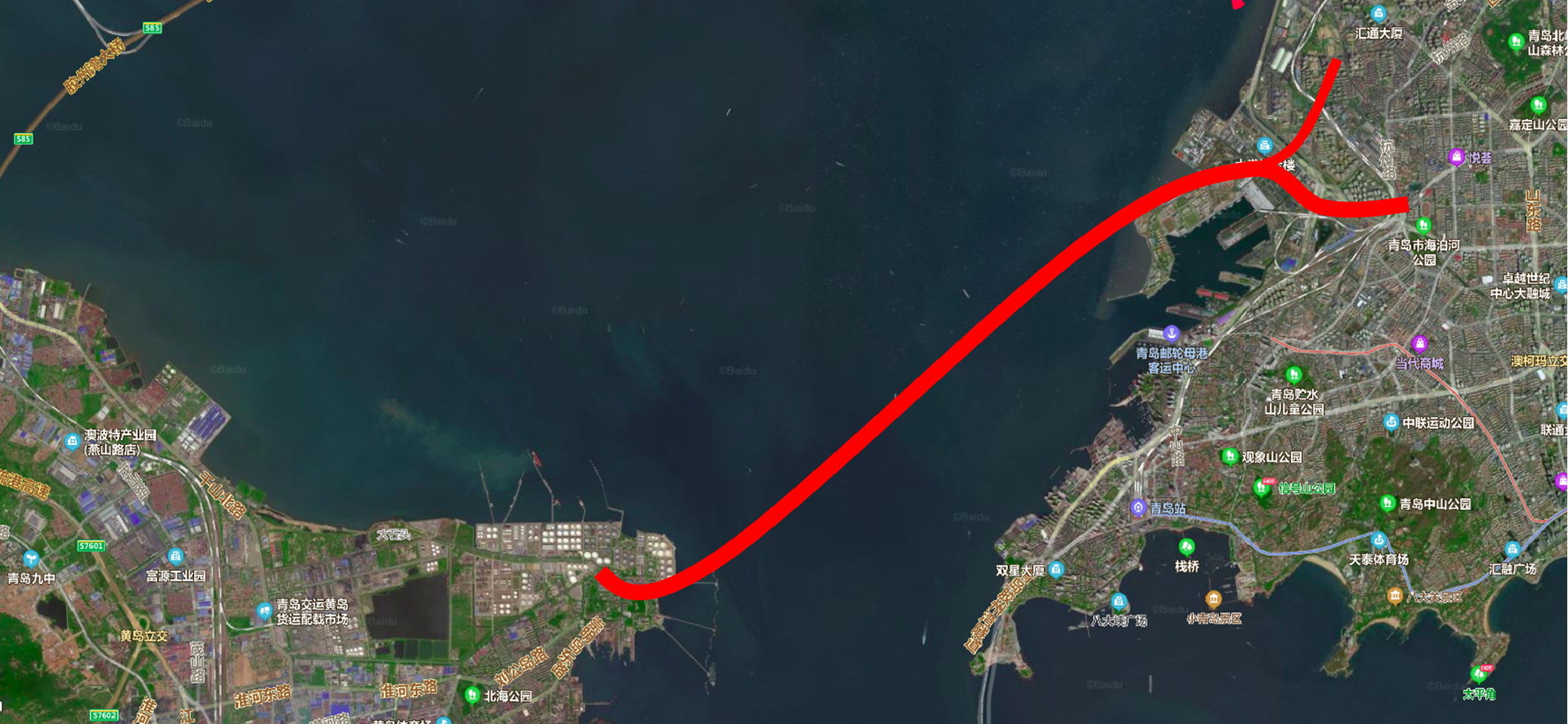 青岛胶州湾第二海底隧道路线示意图